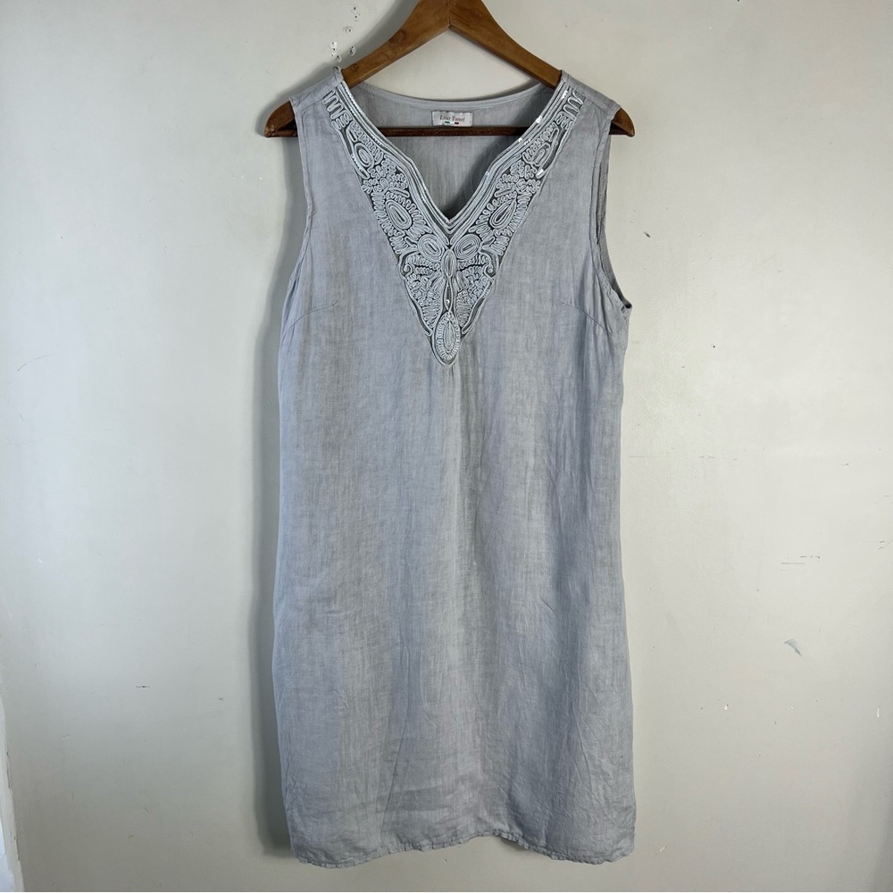 Light Gray Sleeveless Linen Dress with Embroidered V-Neck